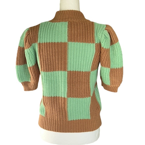 NWT English Factory Mint Green Tan Check Plaid Puff Sleeve Crop Sweater - XS - Picture 11 of 16